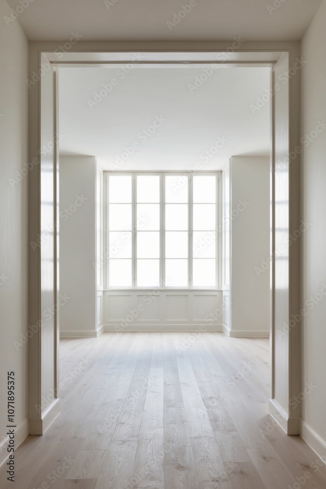 Fototapeta premium Spacious empty room with large window and hardwood floor.