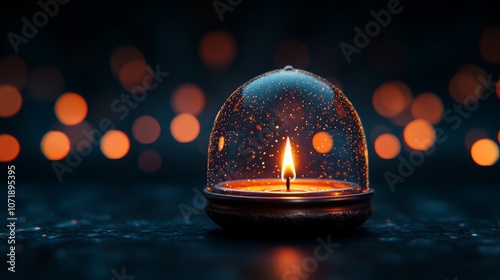 Glowing Diya Under Glass Dome at Night photo