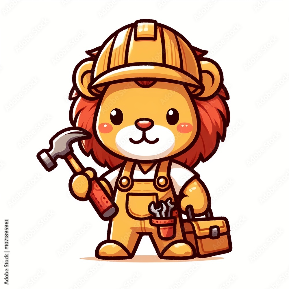 Naklejka premium Cute Lion Handyman Holding Hammer Cartoon Vector Icon Illustration.