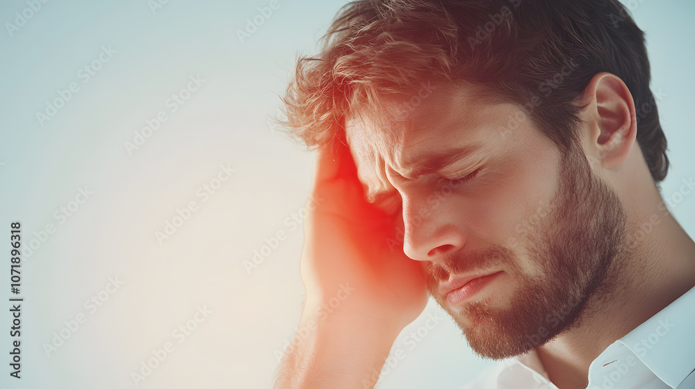 Obraz premium Overworked professional business person, battling stress and deadlines, highlighted by red ambient lighting, showing career challenges, mental health awareness, and the emotional toll of modern jobs.
