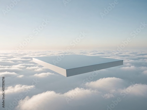 A white platform floating in the middle of fluffy white clouds.