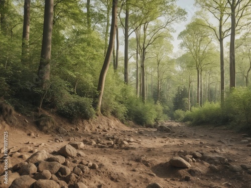 Serene forest scene with mud and rocks in daylight. photo