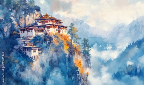 Watercolor Close view of the Tiger Nest Monastery in Bhutan as seen from the opposite side of the mountain photo