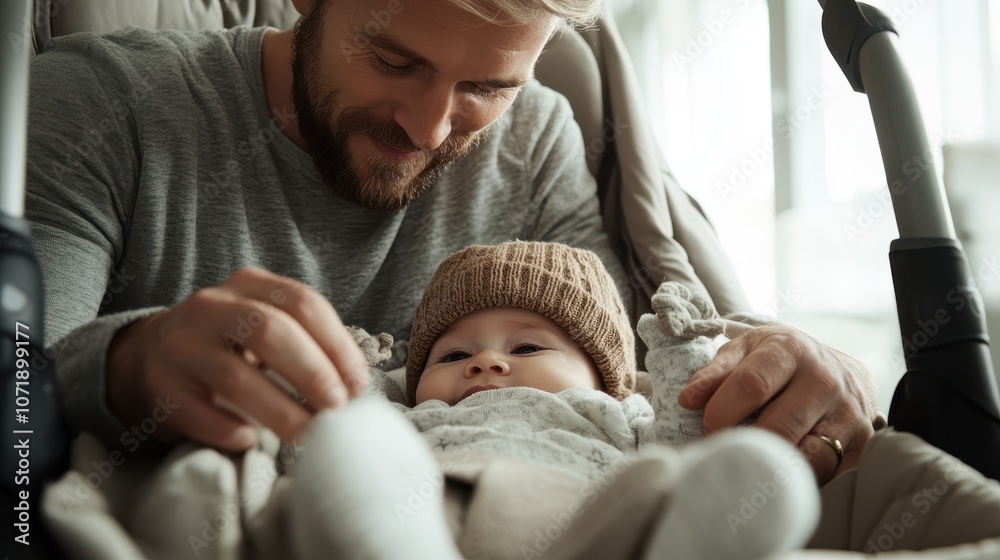 Obraz premium A caring man attentively tends to a baby dressed warmly in a stroller, conveying tenderness and the deep bond between parent and child in a loving setting.