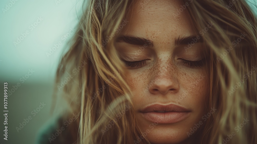 Close-up portrait of a woman with eyes closed and windswept hair, highlighting her freckles and soft expression, capturing a moment of serene beauty. Close-up portrait of a woman with eyes closed and windswept hair, highlighting her freckles and soft expression, capturing a moment of serene beauty.