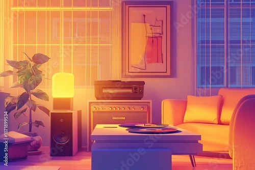 Warm retro living room at dusk with vinyl player