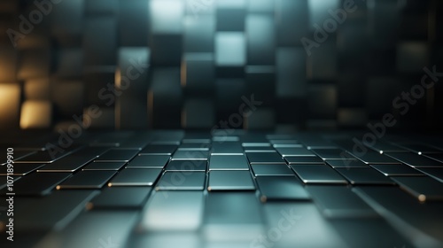 A grid of black tiles with dynamic lighting creates a dimensional and immersive visual effect, invoking feelings of sophistication and modernity in abstract art style.