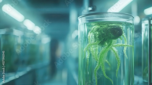 A green organism with tentacle-like appendages is suspended in a liquid-filled glass container, set against a dimly lit scientific laboratory environment. photo