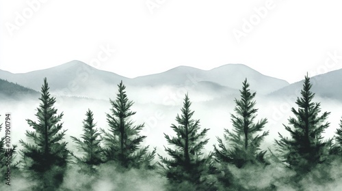 Watercolor illustration of misty forest hill with evergreen trees. Hand painted horizontal background of frozen taiga nature.