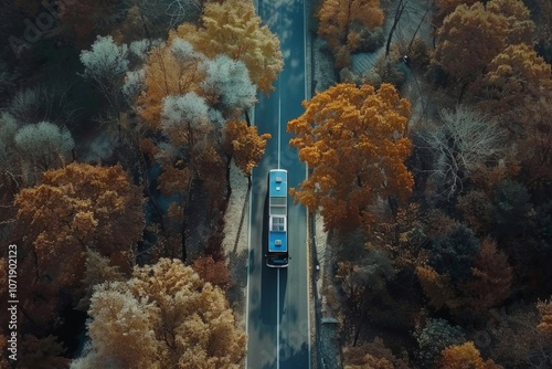 A blue bus is driving down a road in a forest