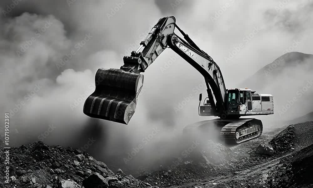A heavy excavator operates in a smoky, industrial landscape, moving earth amidst a cloud of dust, showcasing the power of machinery in construction or mining activities.