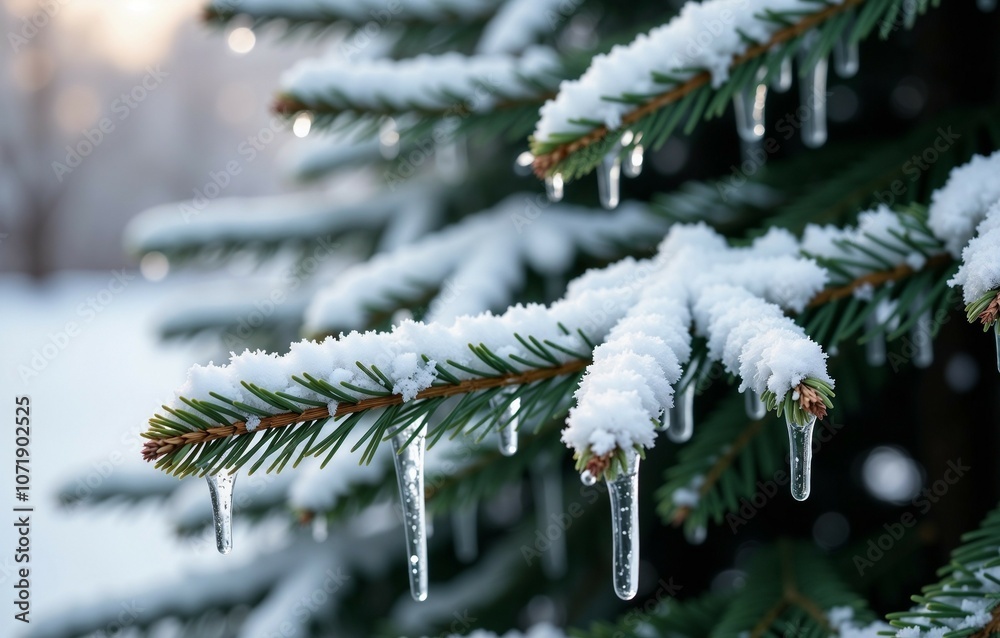 Close up of a snow covered Christmas tree with icicles Close up of a snow covered Christmas tree with icicles