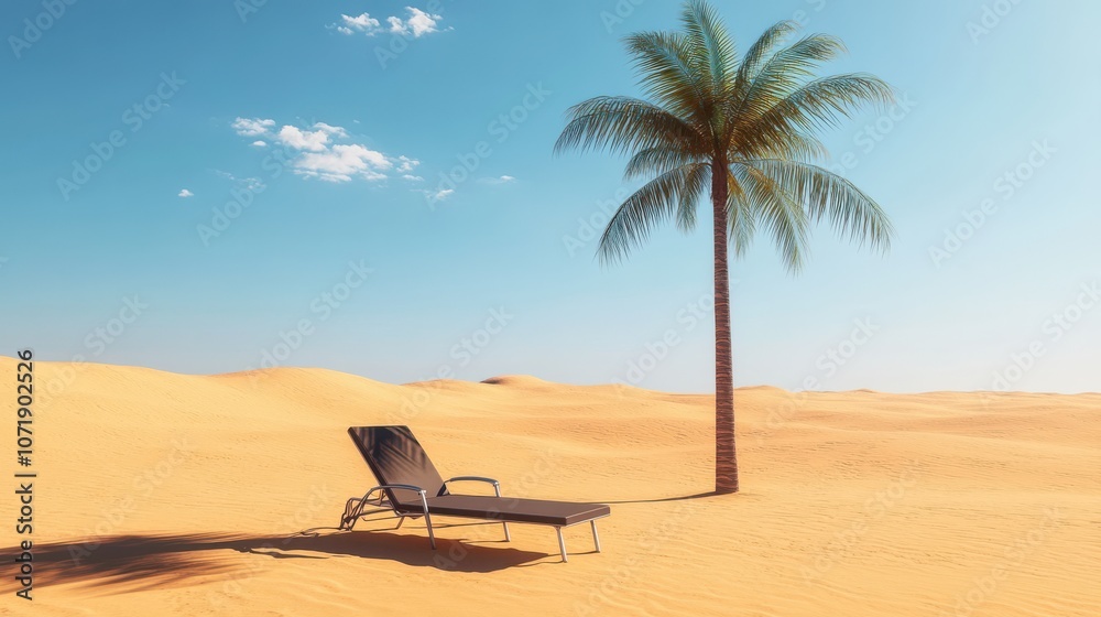 Naklejka premium A relaxing lounge chair under a palm tree in a serene desert landscape under a bright blue sky.