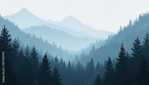 A peaceful view unfolds with towering spruce trees framing majestic mountains bathed in soft morning light. Lush green forest descends into a misty valley, creating a serene atmosphere. Generative AI.