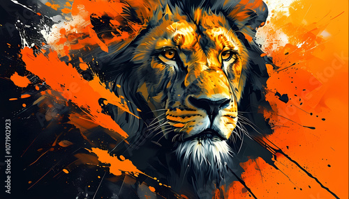  A powerful and intense portrait of a lion, its gaze piercing through the canvas. The vibrant colors and dynamic brushstrokes capture the raw energy and majesty of this magnificent creature  photo