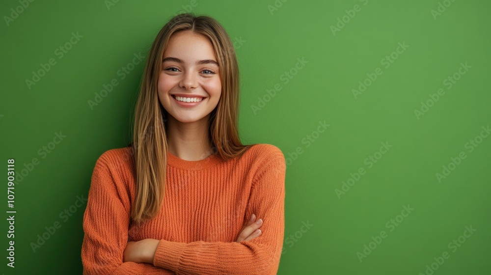 Fototapeta premium Portrait of beautiful young woman laughing on green wall Happy businesswoman excited with toothy smile. Enthusiastic cheerful girl looking at camera.