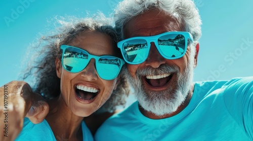 A happy senior couple with blue sunglasses, reveling in a sunlit day. Their smiles and vibrant appearance reflect excitement and positivity in a beachy setting. photo