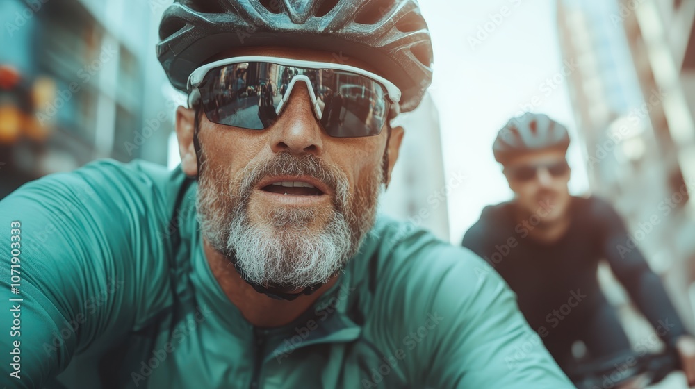 An older man is cycling through a busy city street, wearing a helmet and sunglasses, showcasing an active lifestyle, determination, and urban leisure in vibrant colors. An older man is cycling through a busy city street, wearing a helmet and sunglasses, showcasing an active lifestyle, determination, and urban leisure in vibrant colors.