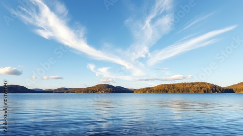 A tranquil lake scene with rolling hills in the distance and wispy clouds in the blue sky