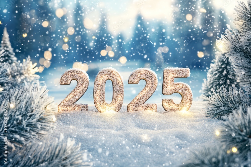 Illuminated 2025 New Year's Eve Numbers in a Snowy Winter Forest Illuminated 2025 New Year's Eve Numbers in a Snowy Winter Forest