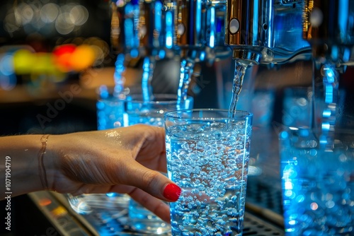 Woman s hand filling a glass with fresh water from a dispenser machine in a close up view