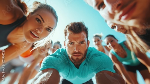 A determined group of young adults stand close in a huddle, looking forward with focused expressions. Unity and purpose are evident in the dynamic composition. photo