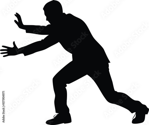 a man try to push his hand, he wearing a suit and shoes vector silhouette