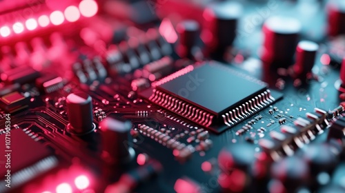 A detailed close-up of a circuit board showcasing the intricate network of microchips and illuminated components, symbolizing advanced technology and innovation.