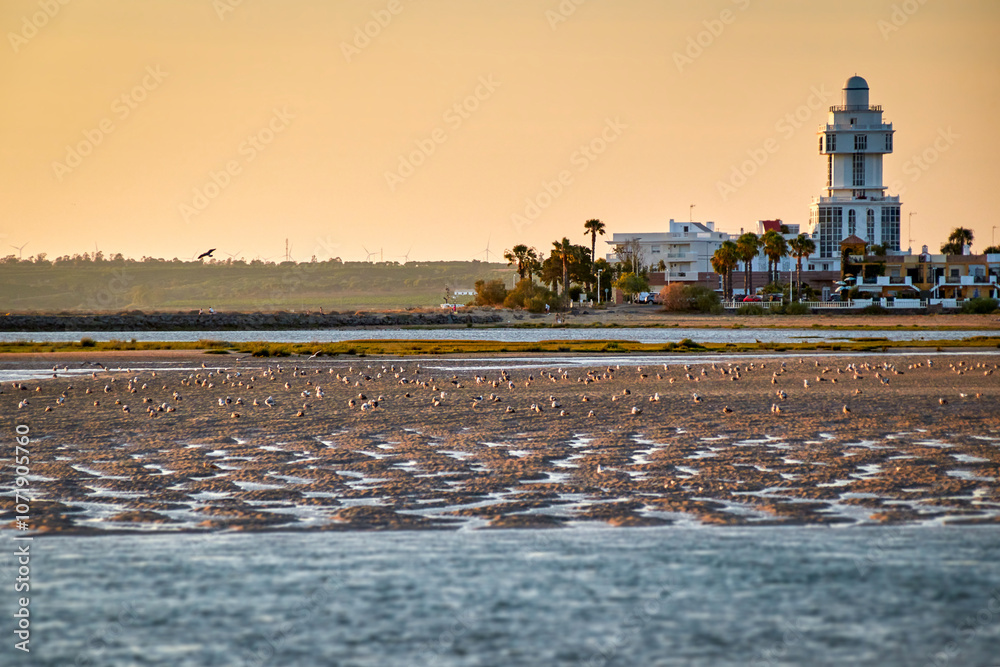 Low tide in the lagoon in front of the lighthouse of Isla Cristina