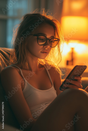 Photo of an attractive woman wearing glasses, sitting on a couch and looking at a phone screen. Warm light from the window is shining on her face.