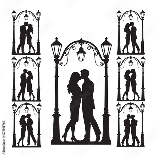 SET OF VECTOR MIDNIGHT KISS SILHOUETTE
