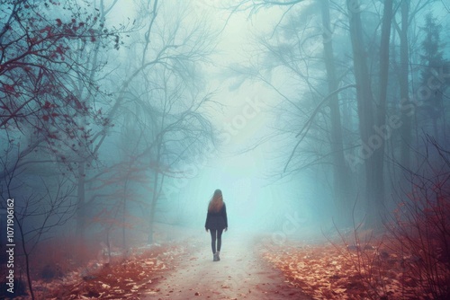 A woman walks down a path in the woods