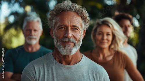 A group of mature individuals standing outdoors, exuding confidence and camaraderie, captured in warm, natural light and surrounded by a lush, green background.