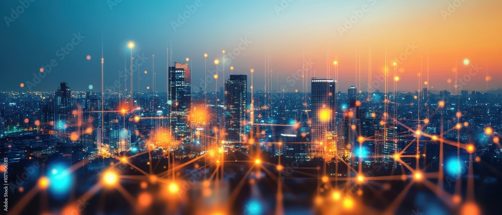 Fototapeta premium Explore the cityscape at twilight with dazzling office lights illuminating the skyline