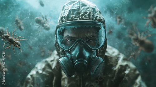 A mysterious figure in a gas mask stands amidst a swarm of spiders, blending a sense of foreboding with elements of survival and enigmatic storytelling. photo