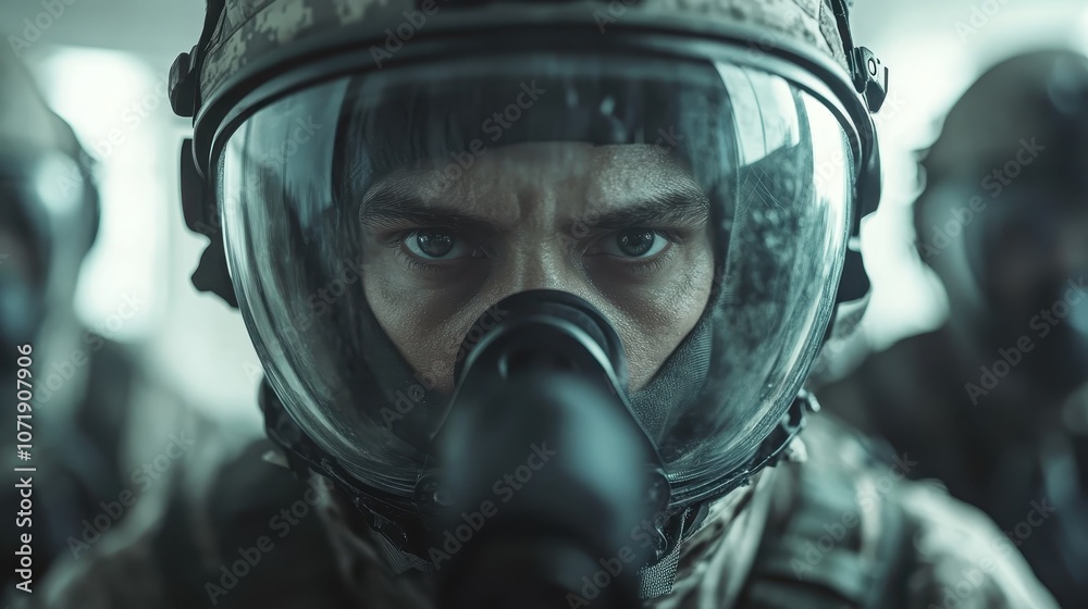 A close-up of a soldier wearing a gas mask showcases his intense gaze and readiness for action, surrounded by the haze of smoke, representing vigilance and determination. A close-up of a soldier wearing a gas mask showcases his intense gaze and readiness for action, surrounded by the haze of smoke, representing vigilance and determination.