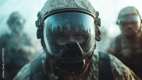 This image features a soldier with goggles in misty surroundings, displaying an intense readiness for action, portraying strength, focus, and unwavering resolve. photo