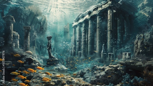 An Enchanting Underwater Scene Featuring Ruined Ancient Greek Temples Surrounded by Colorful Fish in a Mystical Oceanic Environment photo