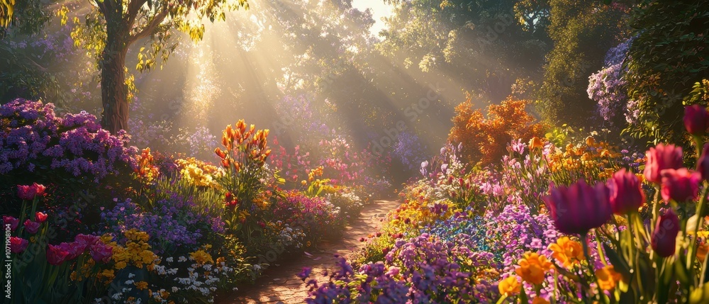 Obraz premium Experience the beauty of warm sunlight streaming over a vibrant flower garden