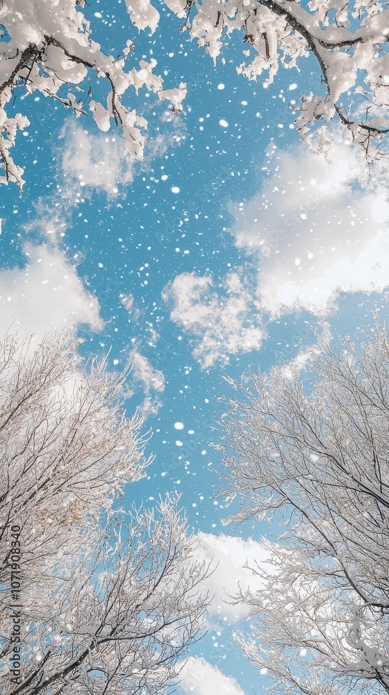 Experience the serenity of soft snowfall under a gentle blue sky and fluffy clouds Experience the serenity of soft snowfall under a gentle blue sky and fluffy clouds