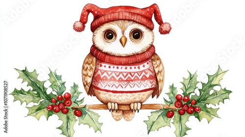 Watercolor owl in a Christmas sweater with holly decorations, isolated on a white background photo