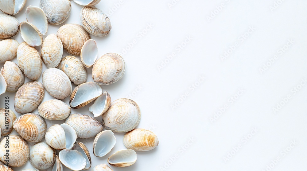 49.A grouping of fresh baby clams arranged in a loose pile on a white background. The clamsâ€™ soft, pastel-colored shells are smooth and polished, reflecting the light. The texture of each clam is