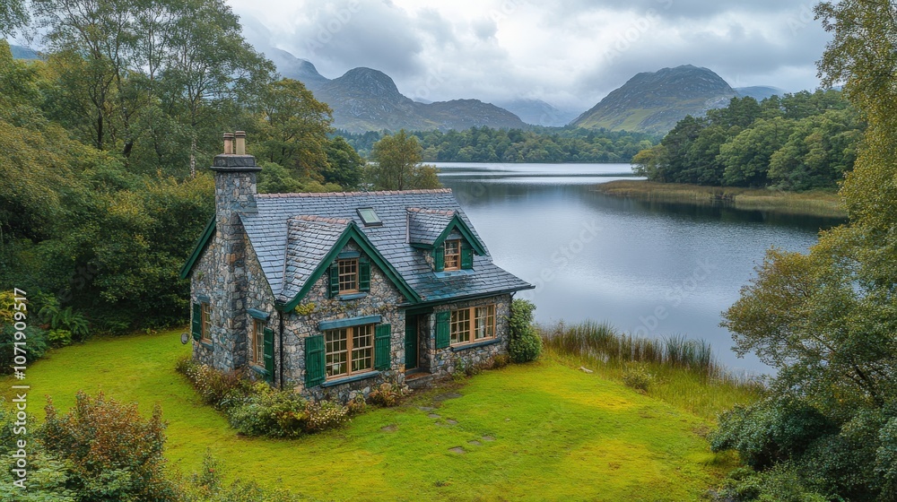Obraz premium A charming stone cottage by a serene lake, surrounded by lush greenery and mountains.