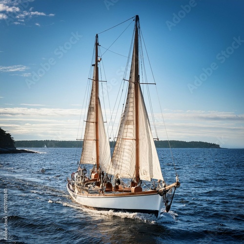 old expensive vintage two masted sailboat yawl close up sailing in an open sea coast of maine us sport cruise tourism recreation leisure activity transportation nautical vessel photo