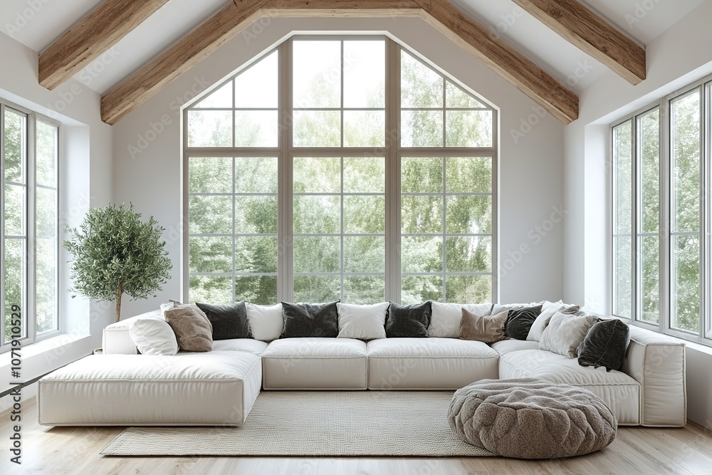 Fototapeta premium Spacious, bright living room with large sofa and windows.