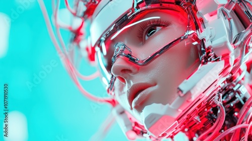 A detailed futuristic cyborg face close-up, showcasing intricate design elements and advanced technology, resembling cybernetic engineering marvels. photo