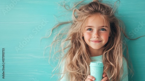 A young girl with messy, long blonde hair holds a blue cup and smiles against a turquoise wall, evoking a carefree and whimsical sense of childhood wonder and curiosity. photo