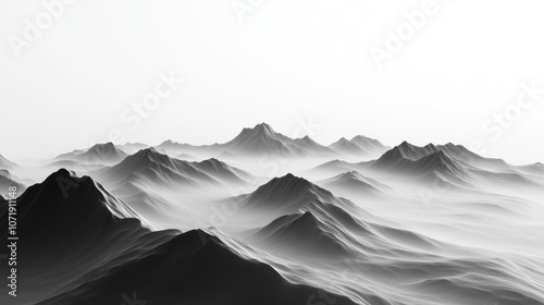 A stunning view of abstract black and white mountains under a bright sky, creating a serene and ethereal atmosphere.