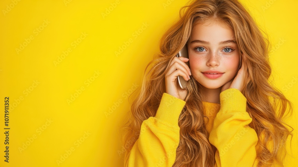 A young girl with long hair and freckles holds a phone to her ear, smiling softly, wearing a yellow shirt against a matching background, radiating warmth. A young girl with long hair and freckles holds a phone to her ear, smiling softly, wearing a yellow shirt against a matching background, radiating warmth.