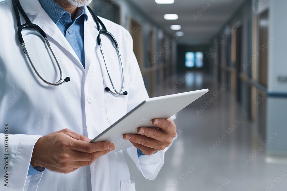 Doctor in white coat using tablet in hospital corridor Doctor in white coat using tablet in hospital corridor